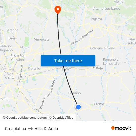 Crespiatica to Villa D' Adda map