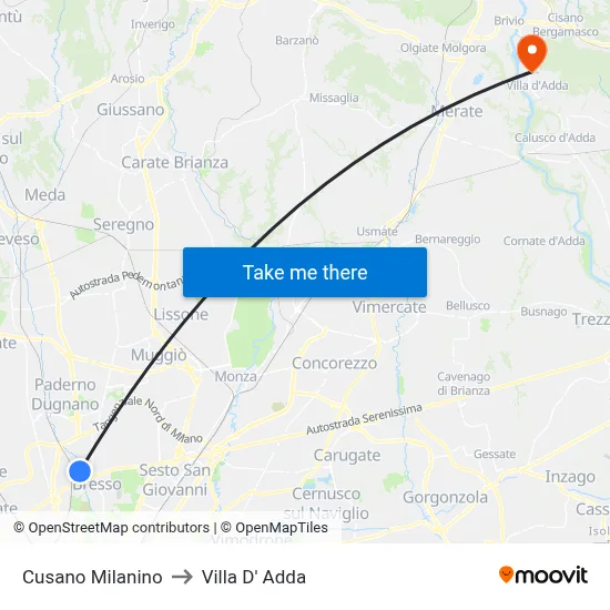 Cusano Milanino to Villa D' Adda map
