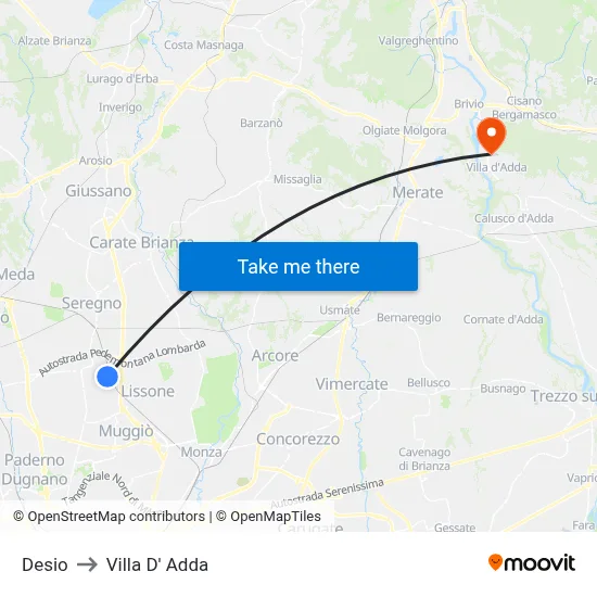 Desio to Villa D' Adda map