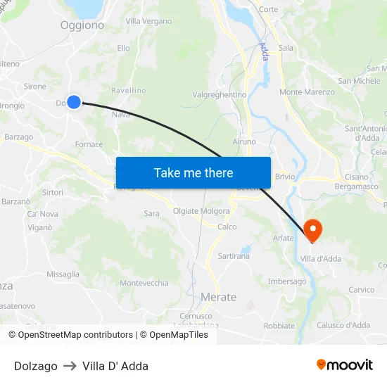 Dolzago to Villa D' Adda map