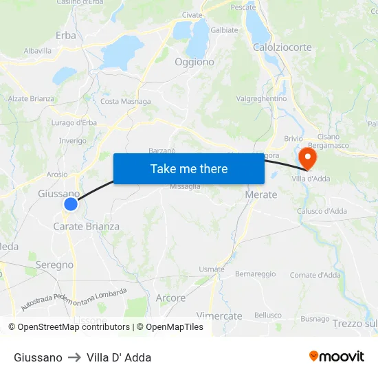 Giussano to Villa D' Adda map