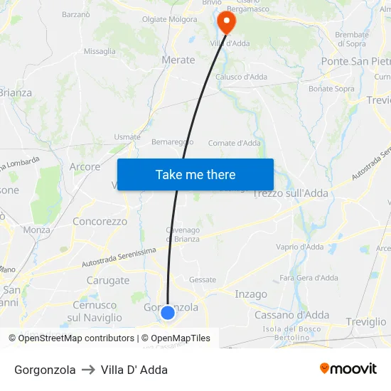 Gorgonzola to Villa D' Adda map