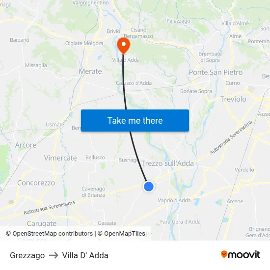 Grezzago to Villa D' Adda map