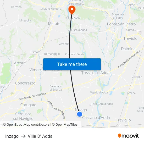 Inzago to Villa D' Adda map