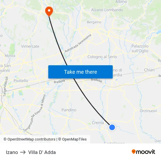 Izano to Villa D' Adda map