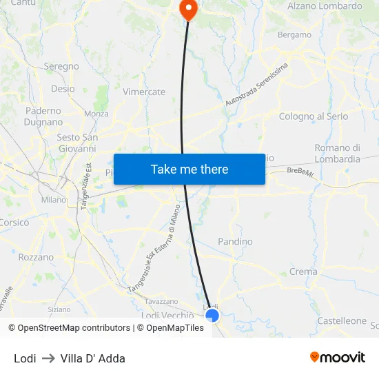 Lodi to Villa D' Adda map