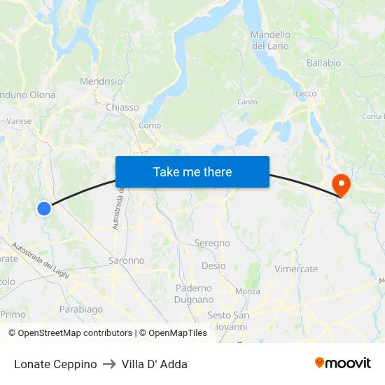 Lonate Ceppino to Villa D' Adda map
