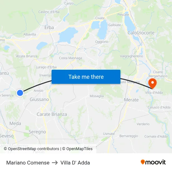Mariano Comense to Villa D' Adda map