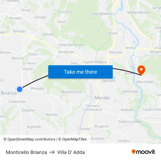 Monticello Brianza to Villa D' Adda map