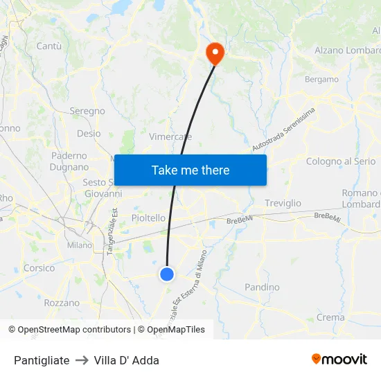 Pantigliate to Villa D' Adda map