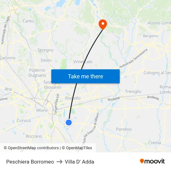 Peschiera Borromeo to Villa D' Adda map