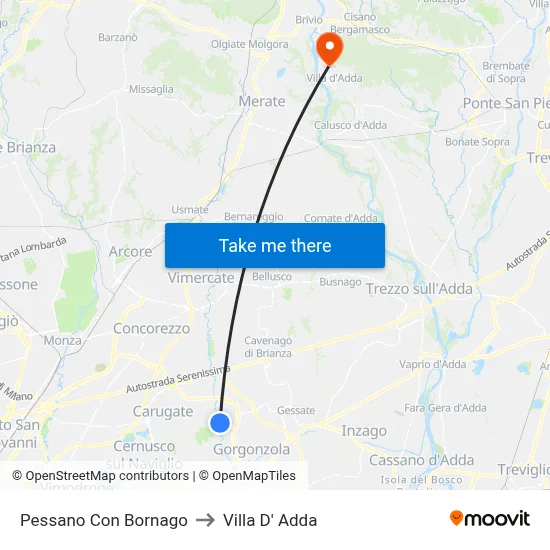 Pessano Con Bornago to Villa D' Adda map