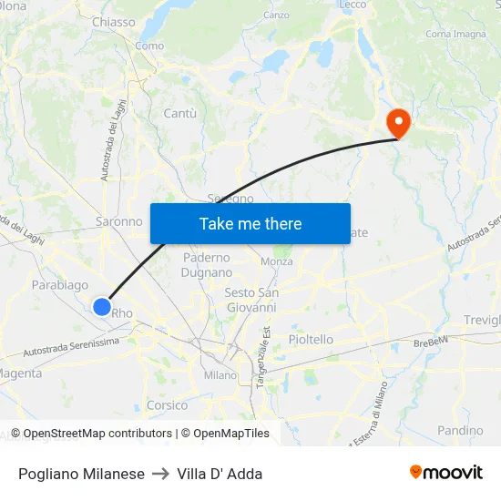 Pogliano Milanese to Villa D' Adda map