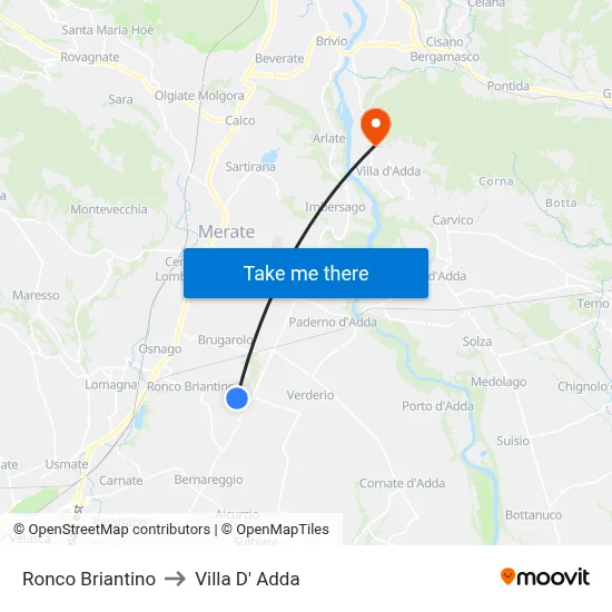 Ronco Briantino to Villa D' Adda map