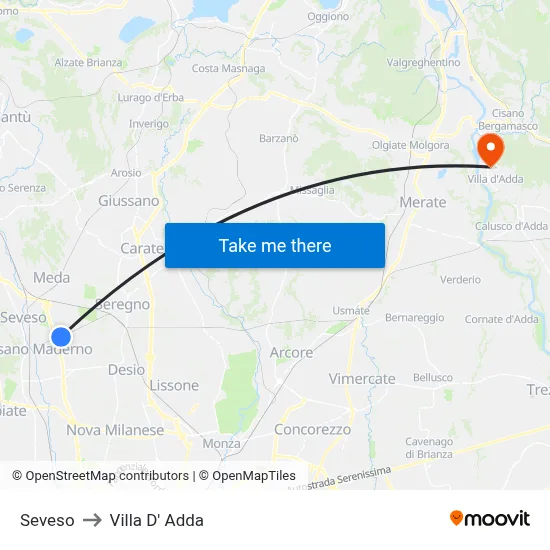 Seveso to Villa D' Adda map