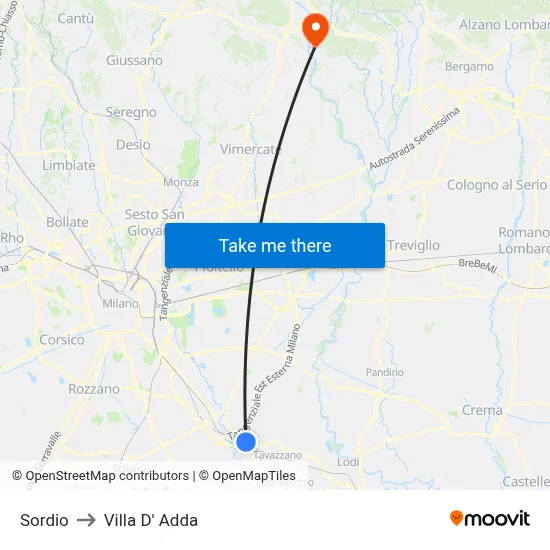 Sordio to Villa D' Adda map