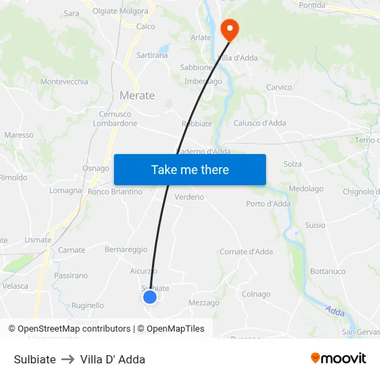 Sulbiate to Villa D' Adda map