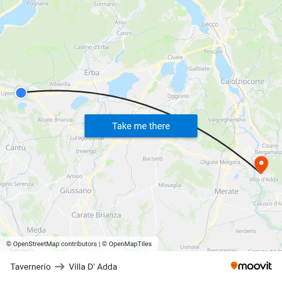 Tavernerio to Villa D' Adda map