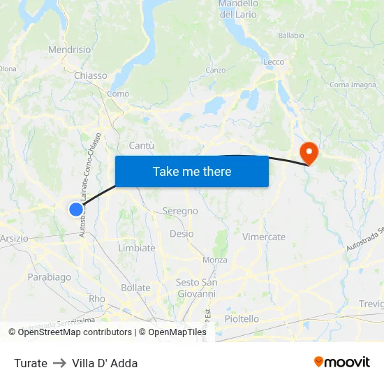Turate to Villa D' Adda map