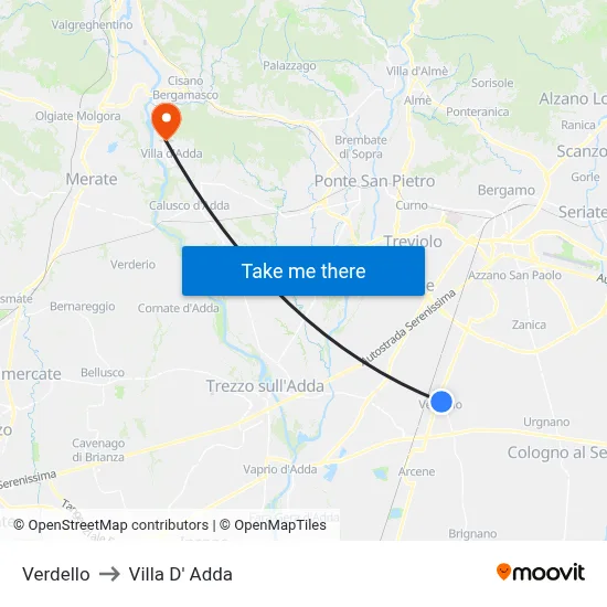 Verdello to Villa D' Adda map