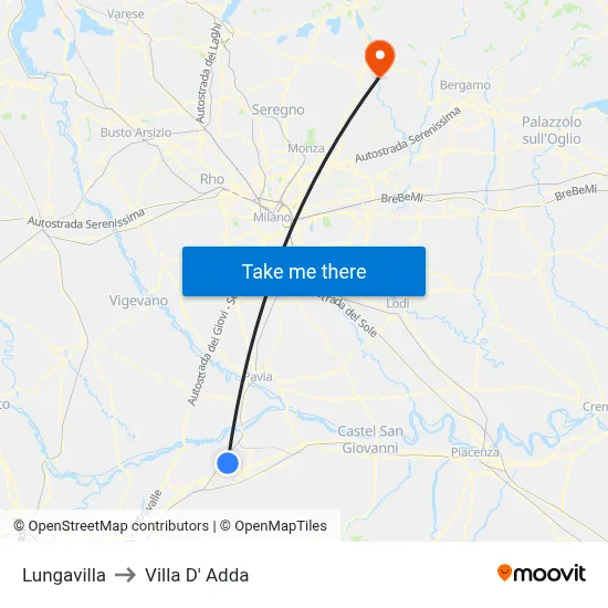 Lungavilla to Villa D' Adda map