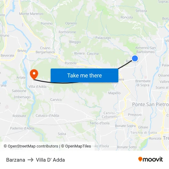 Barzana to Villa D' Adda map
