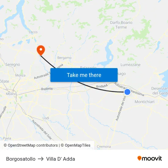 Borgosatollo to Villa D' Adda map