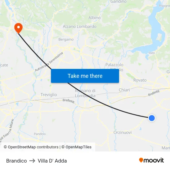 Brandico to Villa D' Adda map