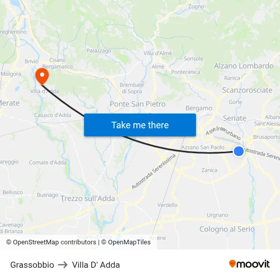Grassobbio to Villa D' Adda map