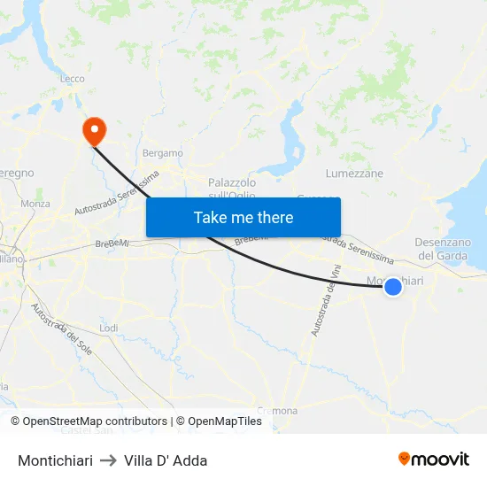 Montichiari to Villa D' Adda map