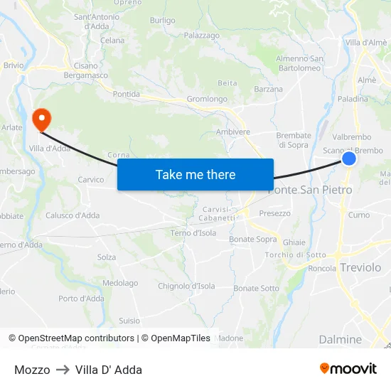 Mozzo to Villa D' Adda map