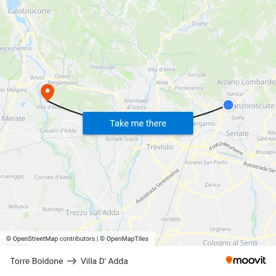 Torre Boldone to Villa D' Adda map