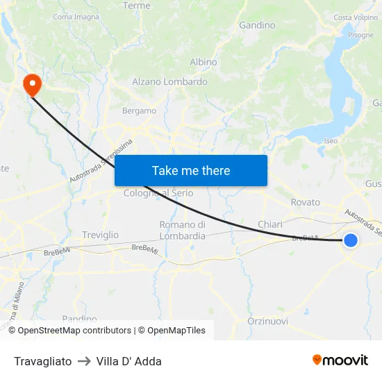 Travagliato to Villa D' Adda map