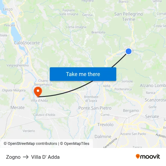 Zogno to Villa D' Adda map