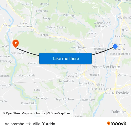 Valbrembo to Villa D' Adda map