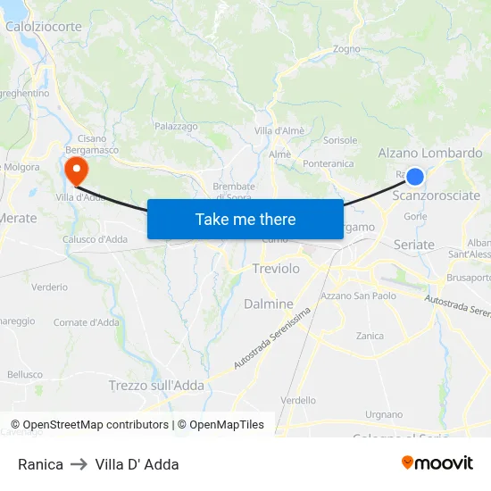 Ranica to Villa D' Adda map
