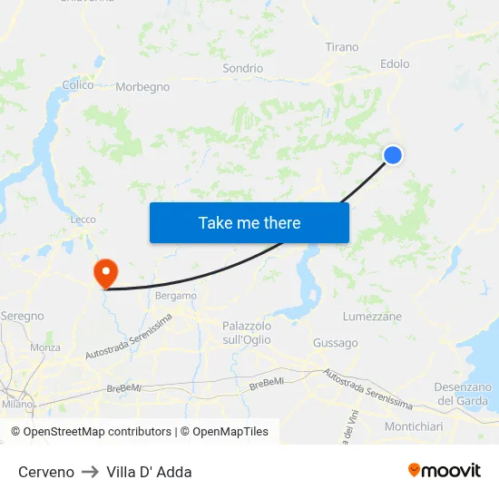 Cerveno to Villa D' Adda map