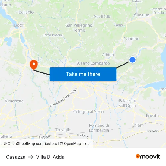 Casazza to Villa D' Adda map