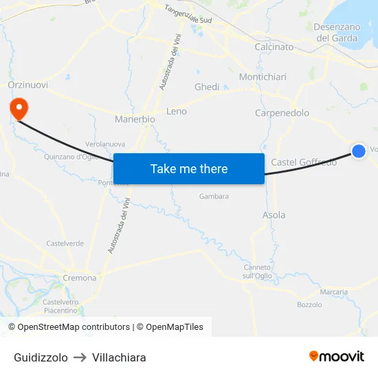 Guidizzolo to Villachiara map