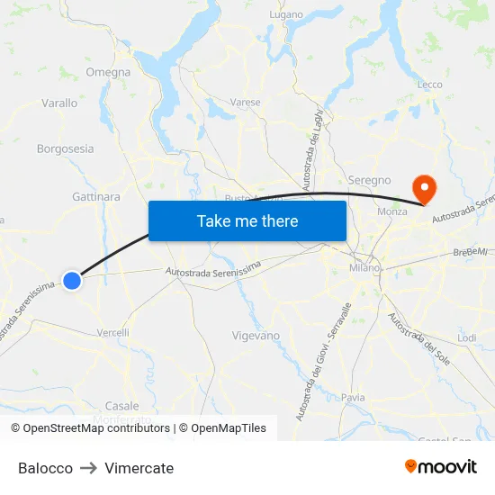 Balocco to Vimercate map