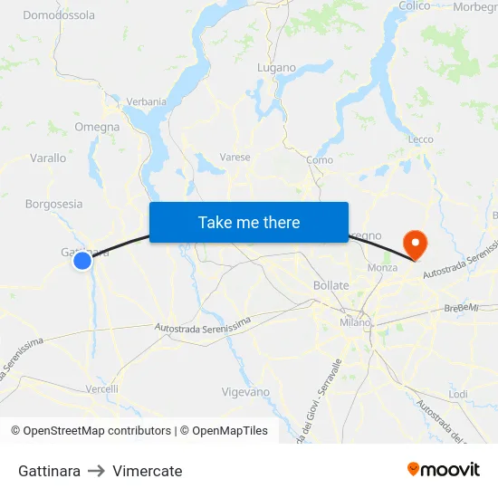 Gattinara to Vimercate map