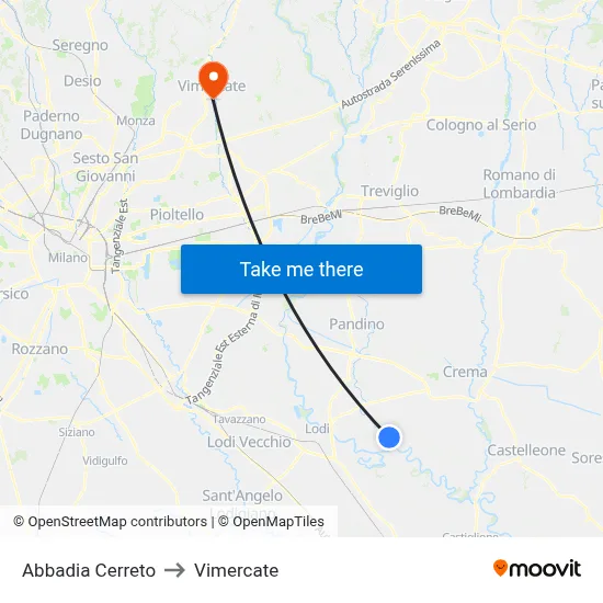 Abbadia Cerreto to Vimercate map