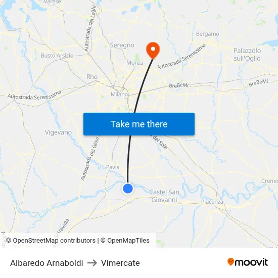 Albaredo Arnaboldi to Vimercate map