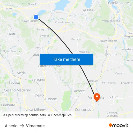 Alserio to Vimercate map