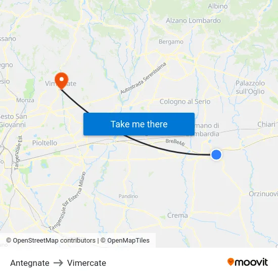 Antegnate to Vimercate map