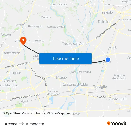 Arcene to Vimercate map