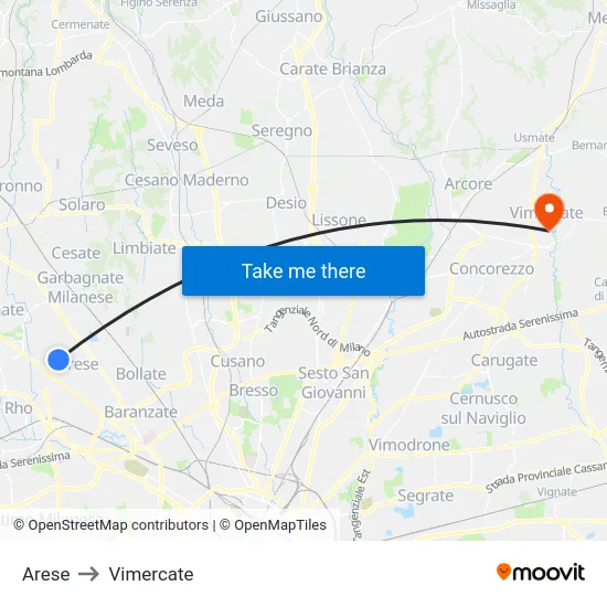 Arese to Vimercate map