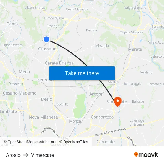 Arosio to Vimercate map