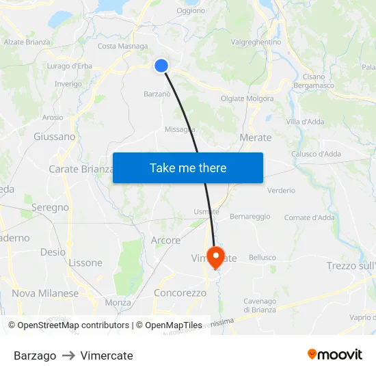 Barzago to Vimercate map