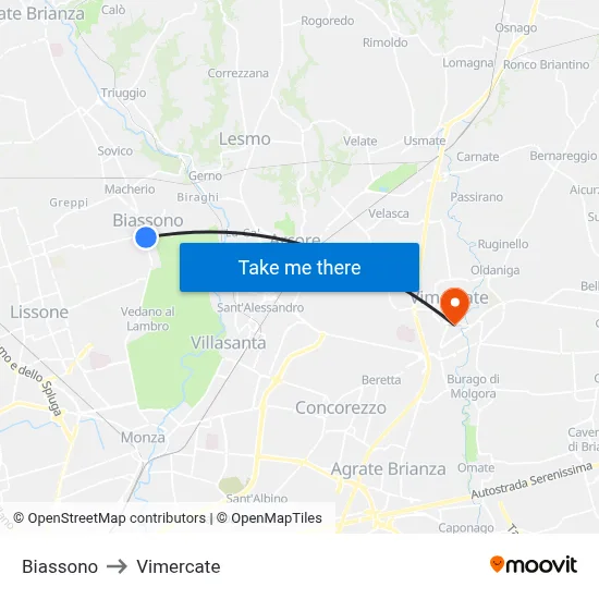 Biassono to Vimercate map